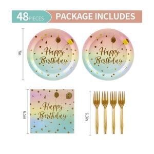48PCS Happy Birthday Plates and Napkins Party Supplies, Colorful and Gold